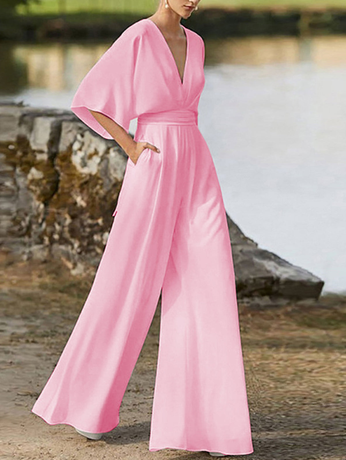 White Elegant Deep V Neck Plain Half Sleeve High Waist Wide Leg Jumpsuit