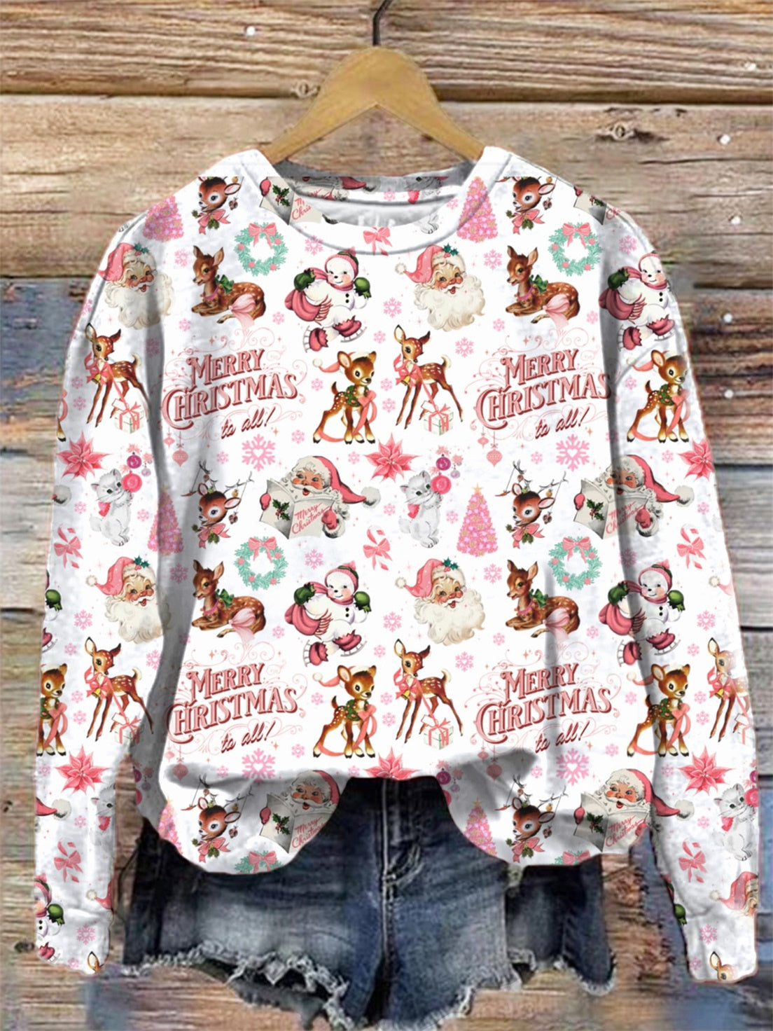 Vintage Pink Christmas Santa Holiday Print Long Sleeve Top