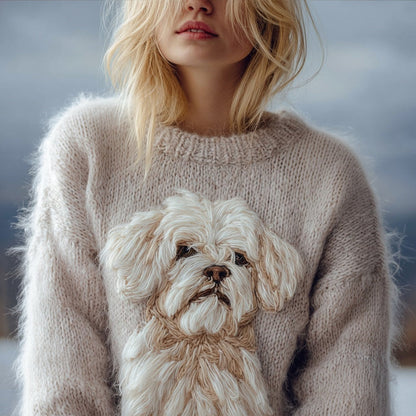 Cute Fuzzy Dog Embroidered Crew Neck Cozy Sweater