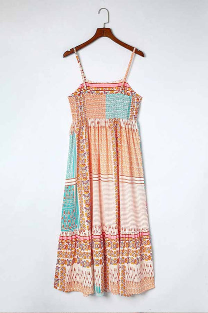 Multicolor Boho Patchwork Print Square Neck Sundress