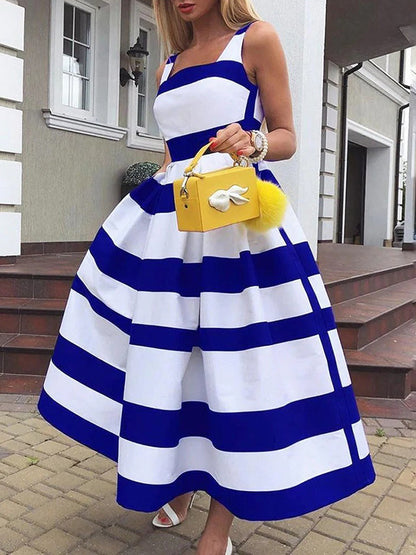 Sleeveless Striped Square-Neck Maxi Dresses