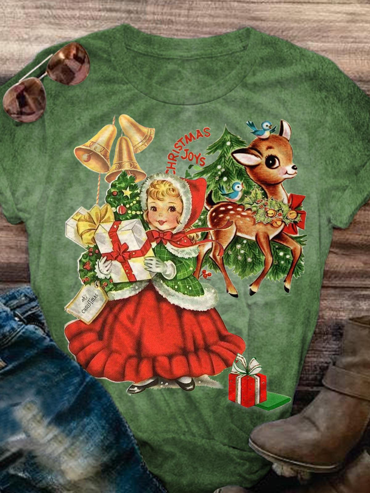 Christmas Girls Elk Retro Print Short Sleeve T-Shirt