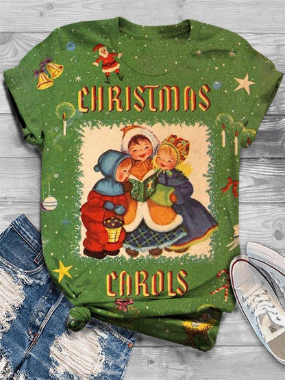 Retro Christmas Print Crew Neck T-Shirt