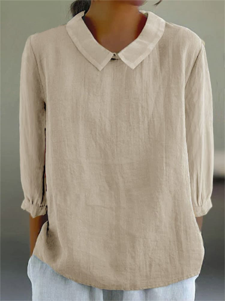 Women's Solid Color Casual Cotton And Linen 3/4 Sleeve Shirt