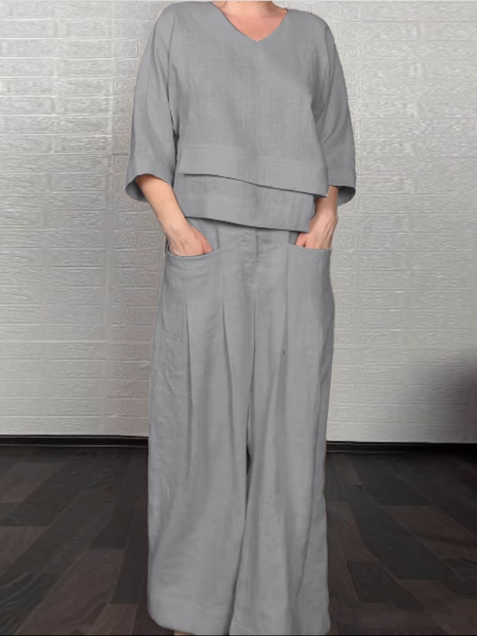 Women'S Casual Solid Color Irregular Cotton And Linen Shirt and Pats Suit