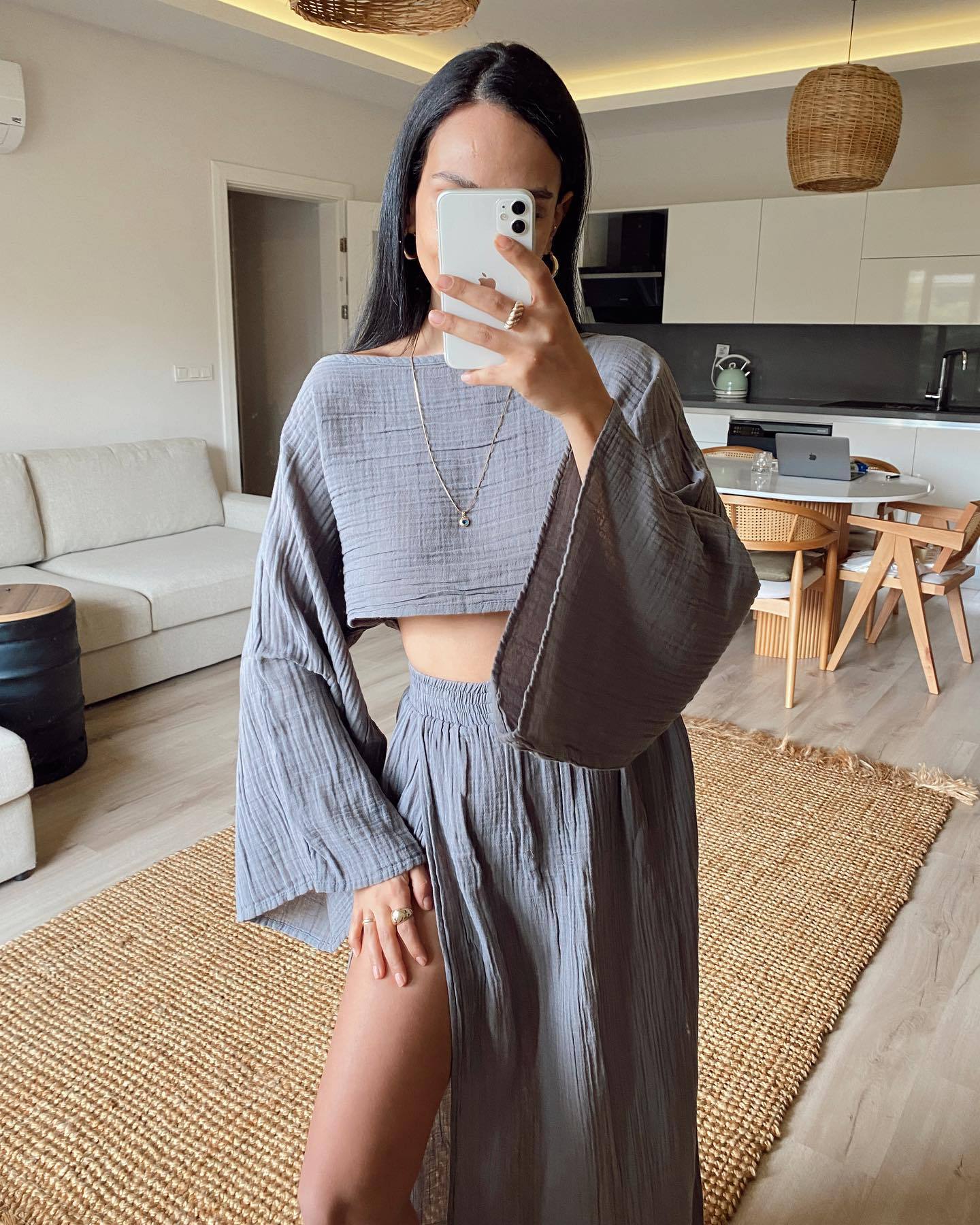 Vacation Cropped Top High Waist Chic Slit Linen Casual Two-Piece Set