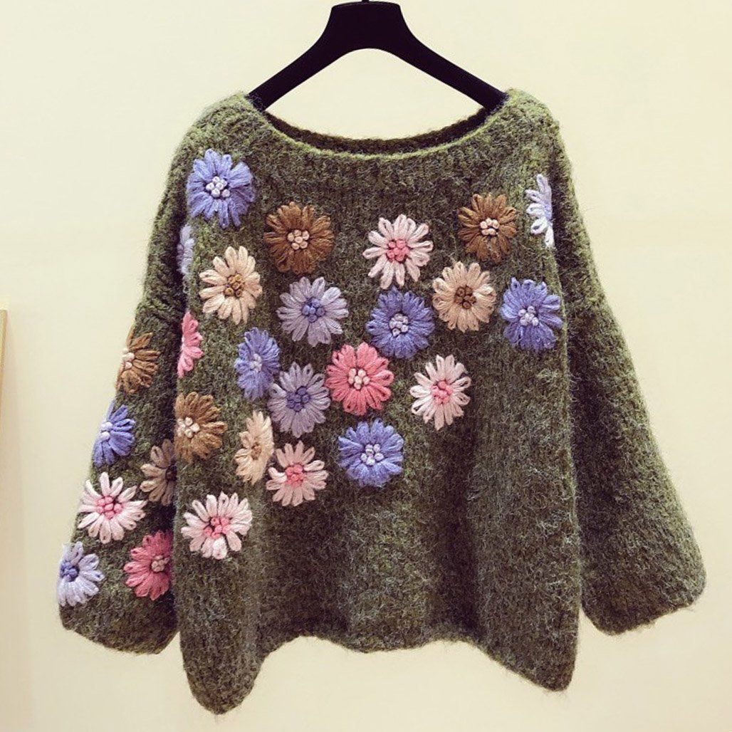 Cozy Handmade Flower Embroidery Autumn Winter Loose Sweater