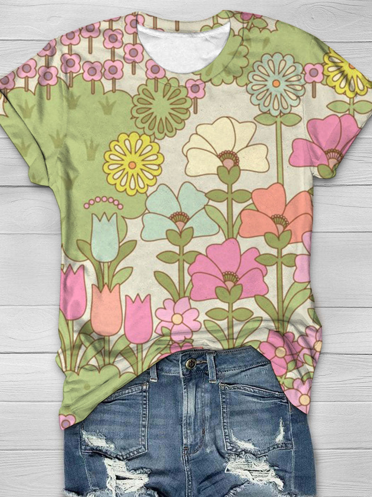 1960 Retro Garden Print Crew Neck T-Shirt