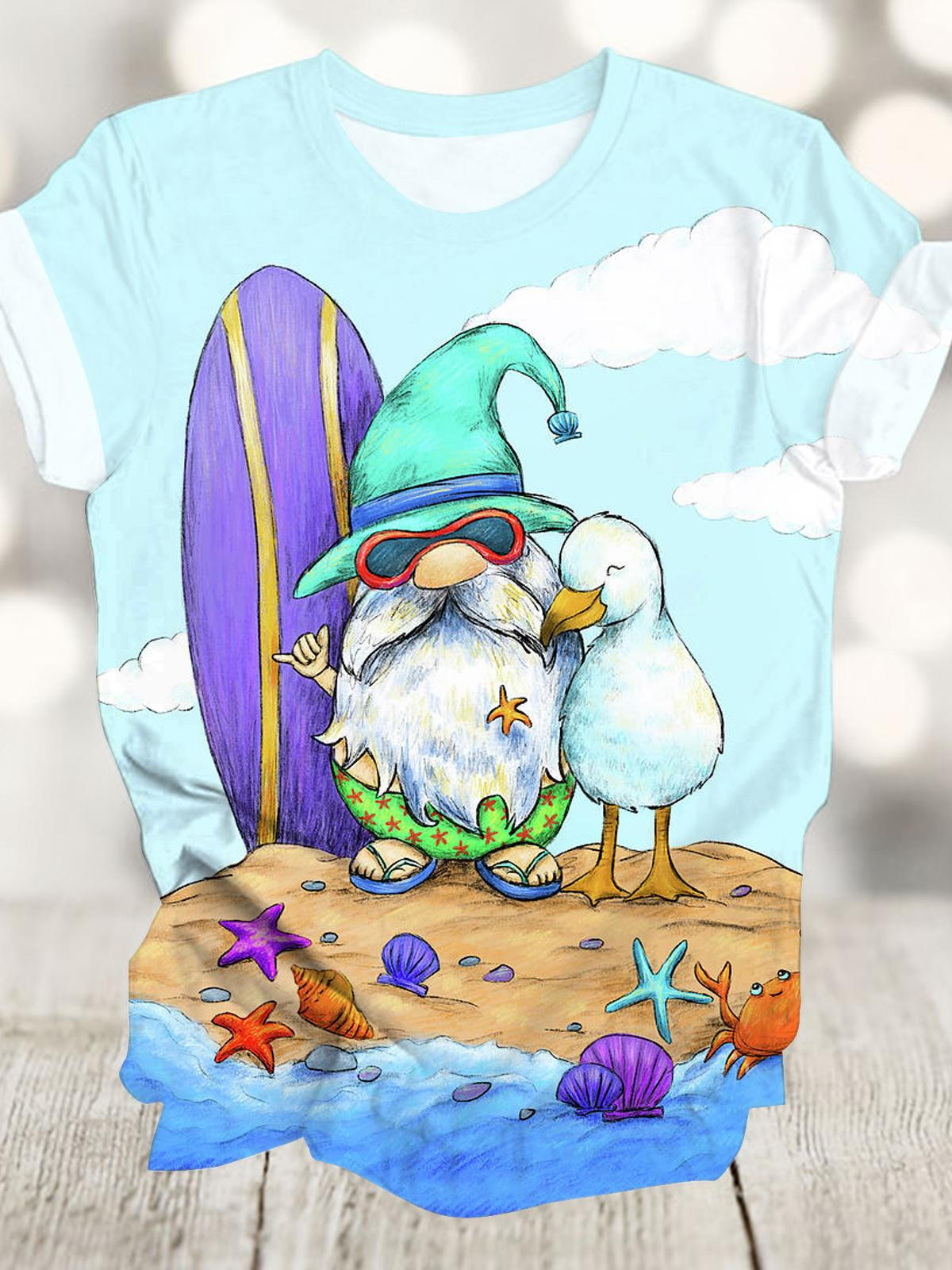 Summer Gnome Print Crew Neck T-shirt