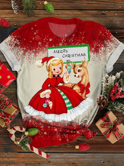 Women's Christmas Girls Retro Gradient Print Short Sleeve T-Shirt