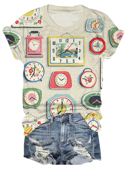 Vintage Clocks Print Crew Neck T-shirt