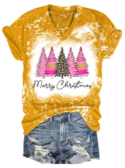 Christmas Tree Tie Dye V-Neck T-Shirt