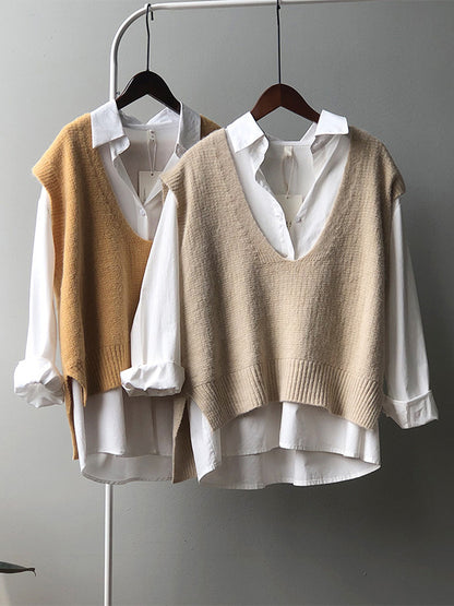 Knitting Irregularity Solid V-Neck Vest