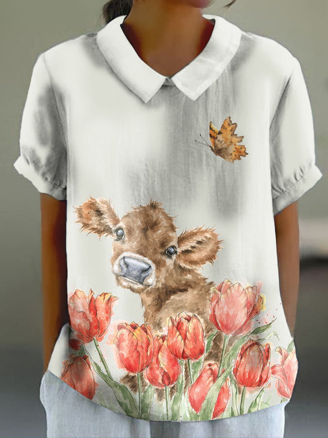 Women's Floral Cow Print Casual Cotton And Linen Short Sleeve Shirt