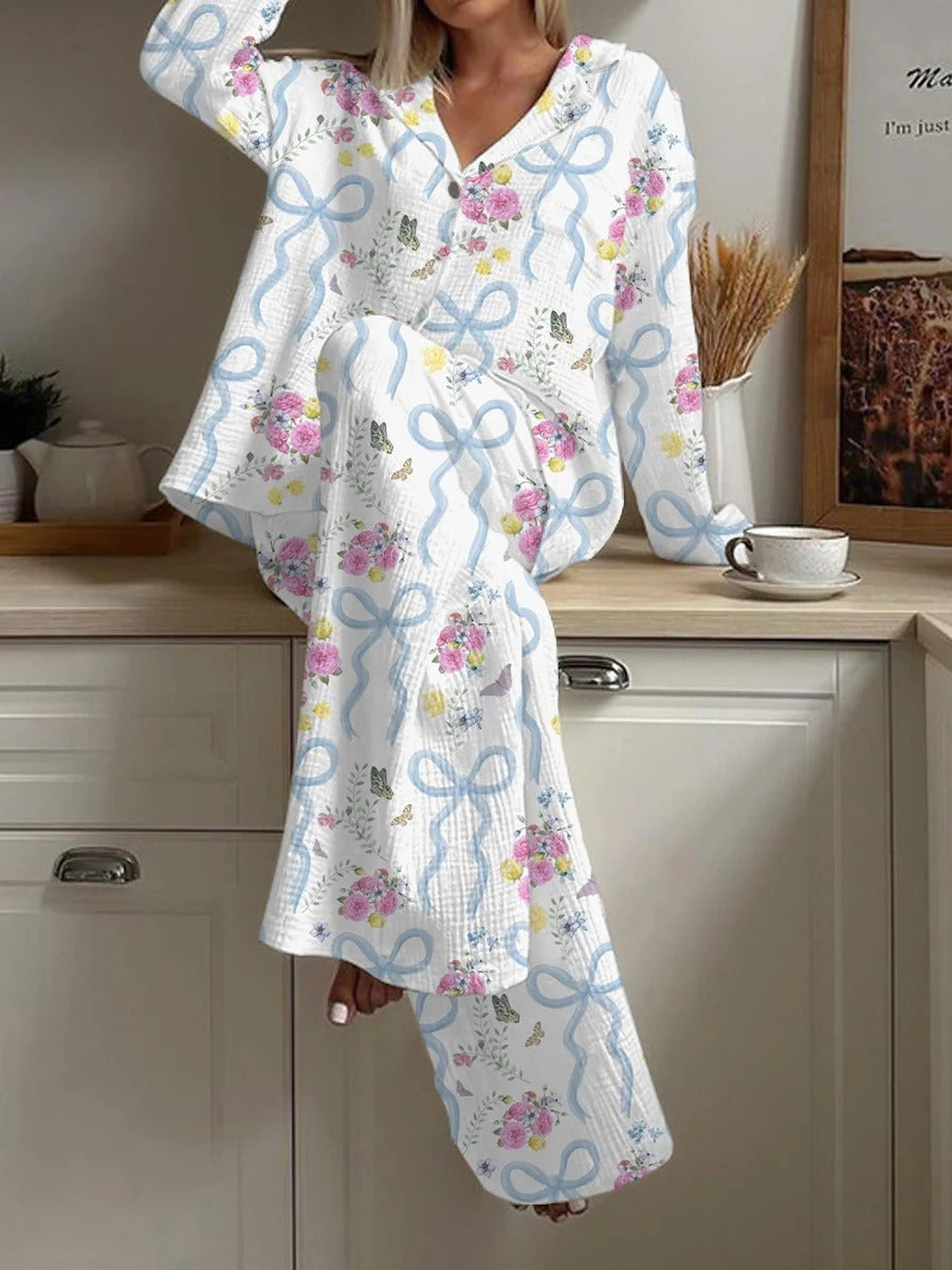 Petal Kisses Women's Floral Bow Print Casual Homewear Set