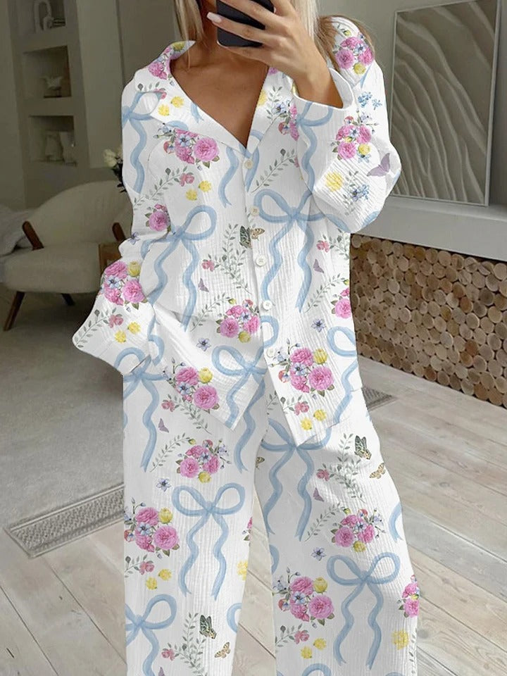 Petal Kisses Women's Floral Bow Print Casual Homewear Set