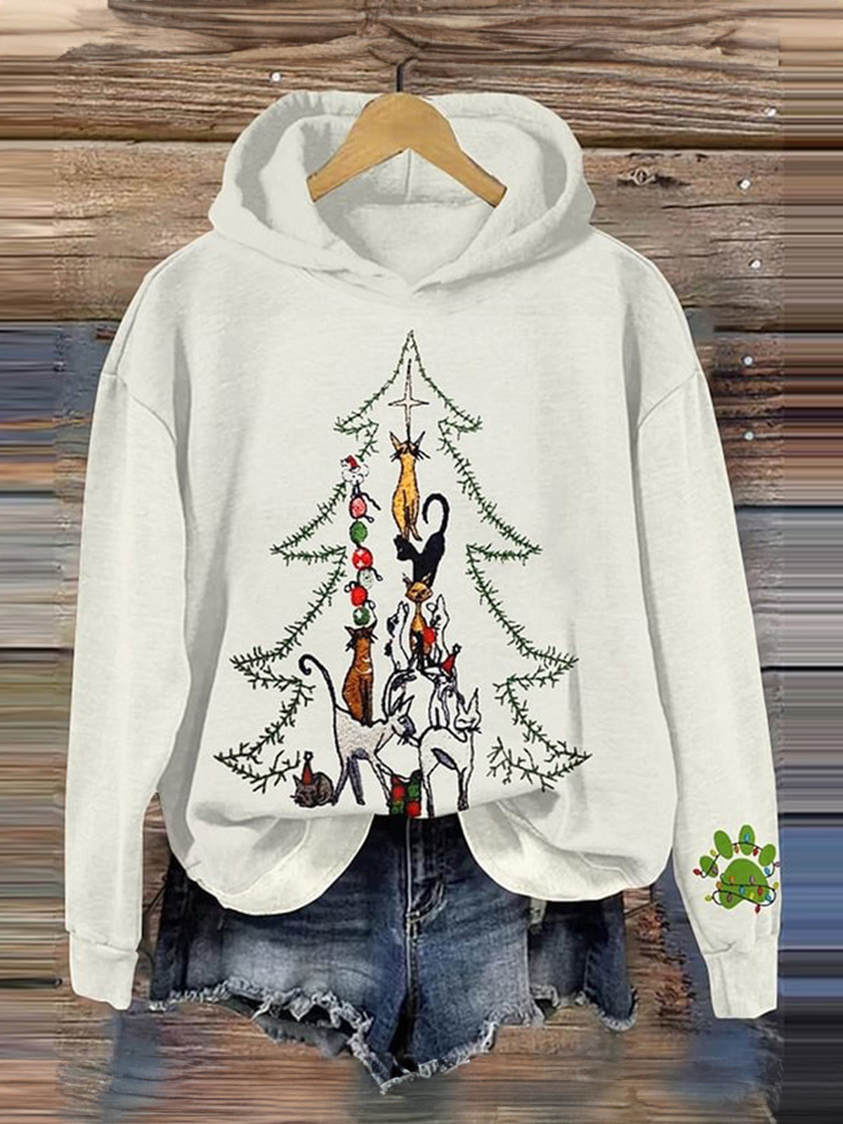 Women's Christmas Tree Cat Art Printed Hoodies