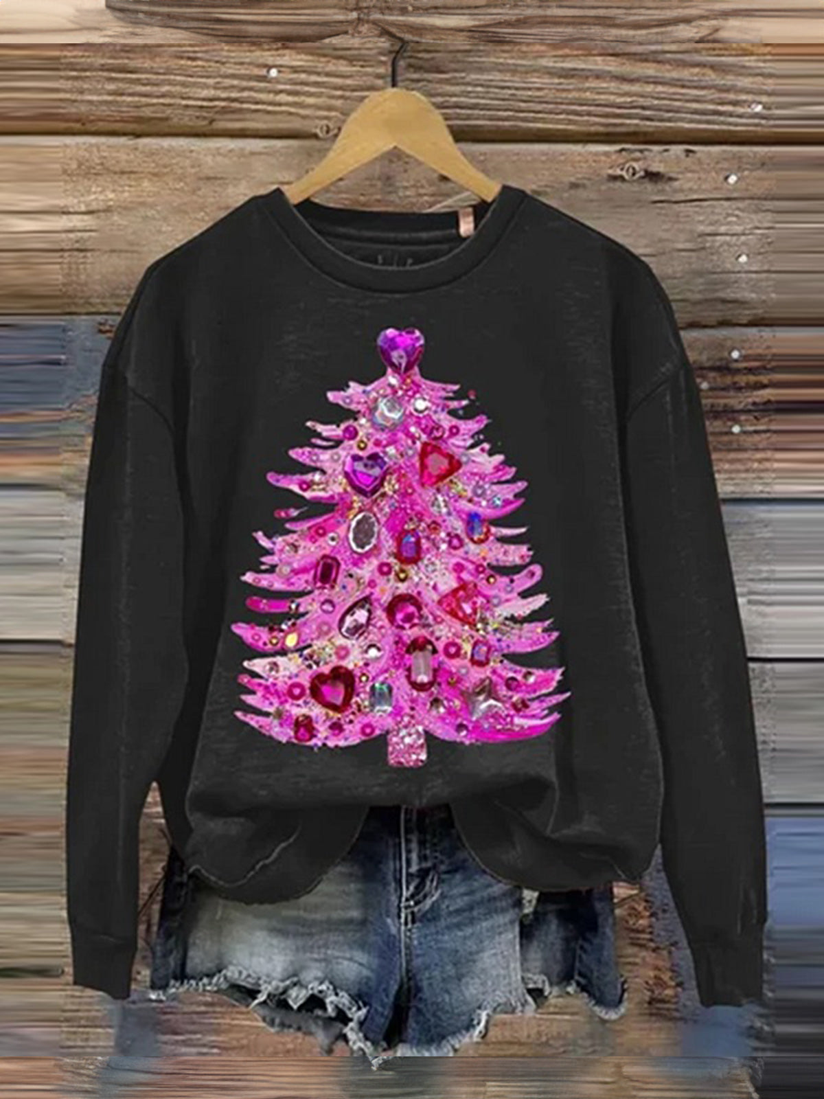 Women's Christmas Diamond Tree Art Printed Long Sleeve Top