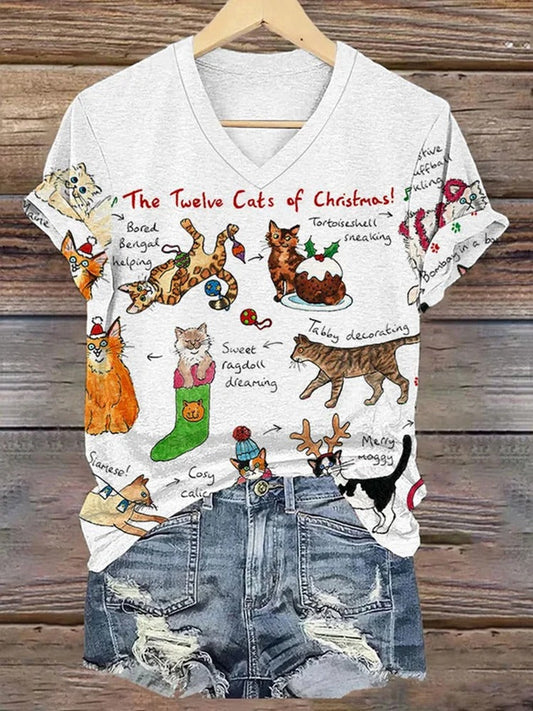 Women's The Twelve Cats Of Christmas Print Casual T-Shirt