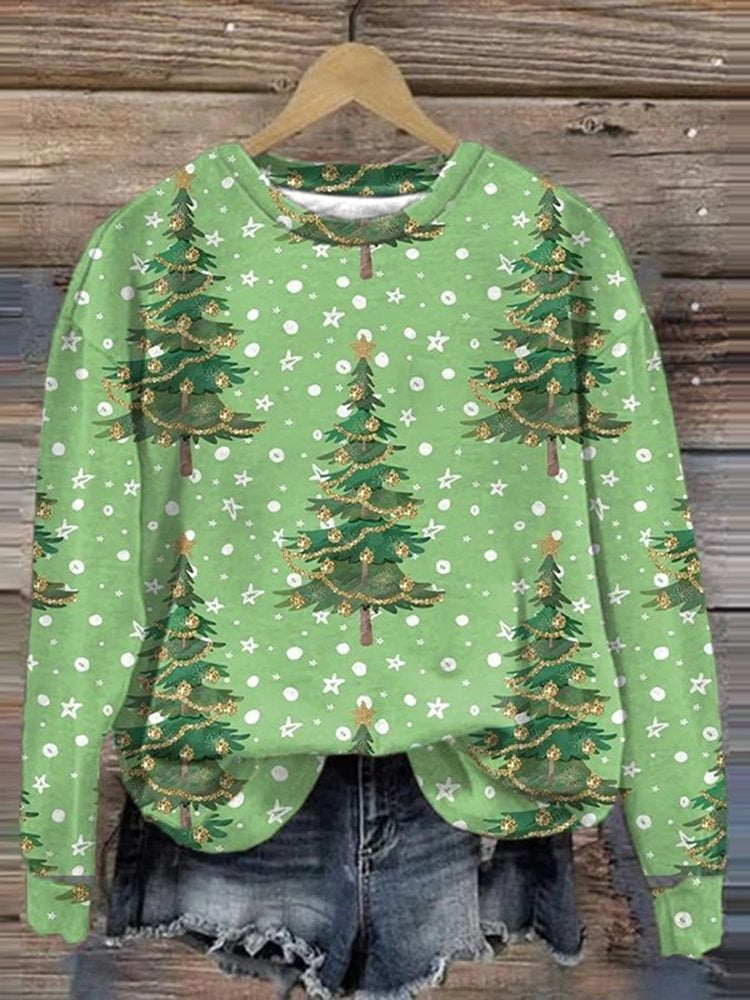 Christmas Tree Print Crew Neck Casual Long Sleeve Top