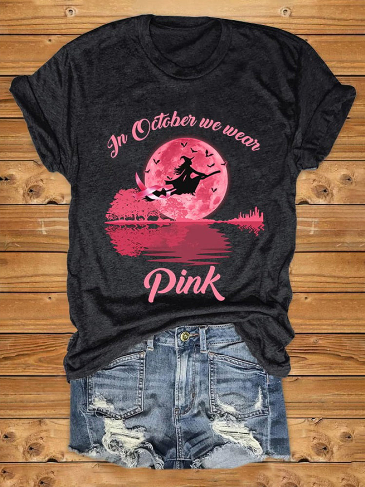 Breast Cancer Awareness Halloween Witch In October We Wear Pink Print T-Shirt