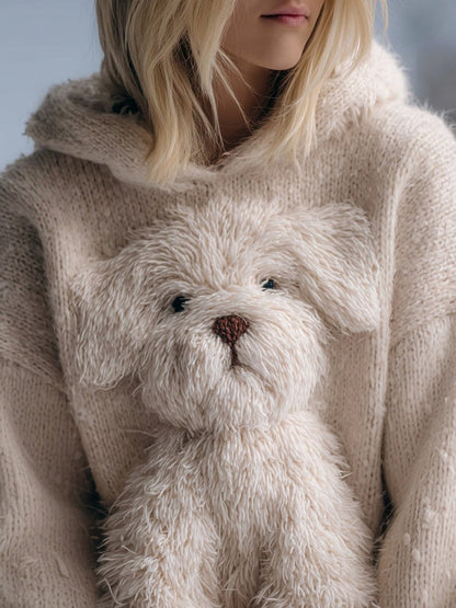 Cute Fuzzy Dog Embroidered Cozy Hooded Sweater