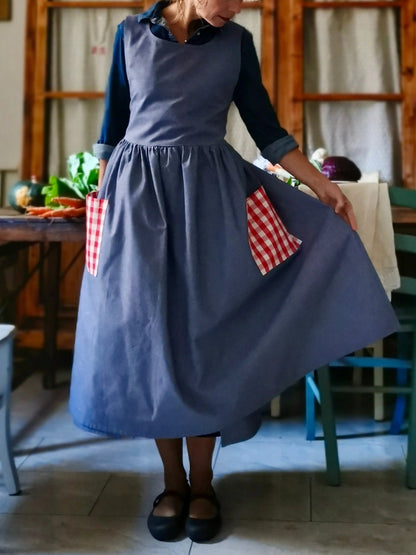 Navy Blue Apron with Red Checkered Pockets