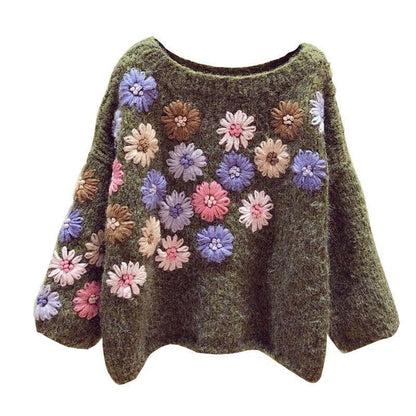 Cozy Handmade Flower Embroidery Autumn Winter Loose Sweater