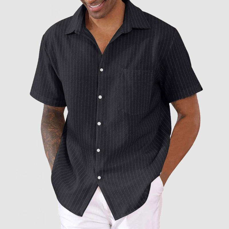 Men's Casual Cotton Linen Striped Short Sleeve Shirt