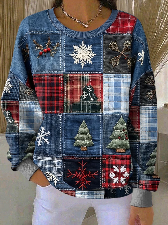Women's Christmas Print Knitted Crew Neck Long Sleeve Top
