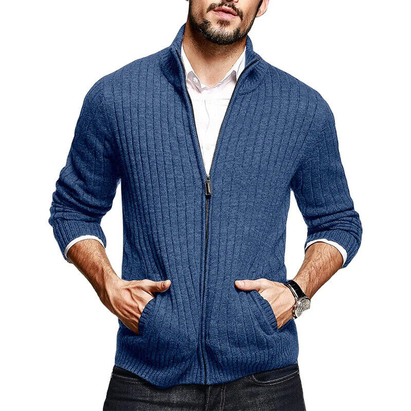 Men's Slim Fit Knit Cardigan Half Turtleneck Long Sleeve Zipper Jacket