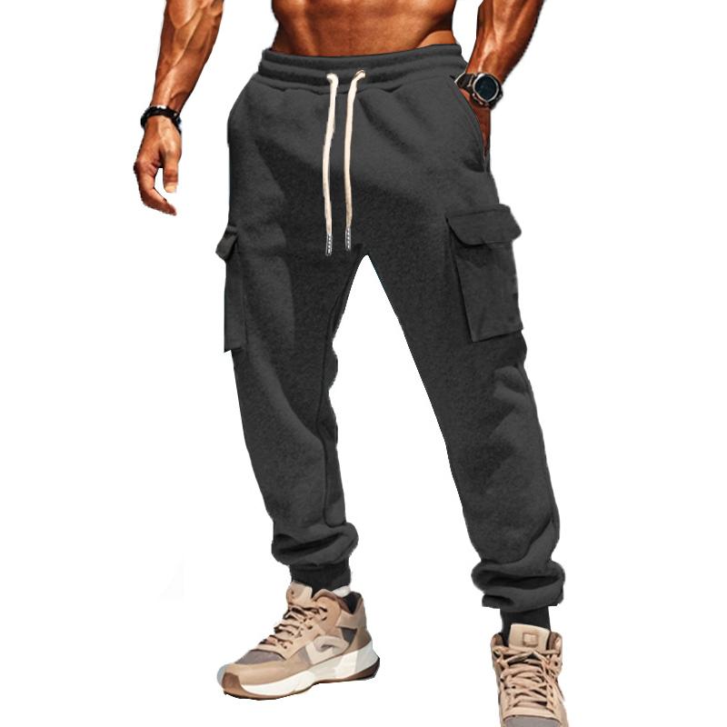 Men's Solid Color Plush Elastic Waist Multi-pocket Sports Pants