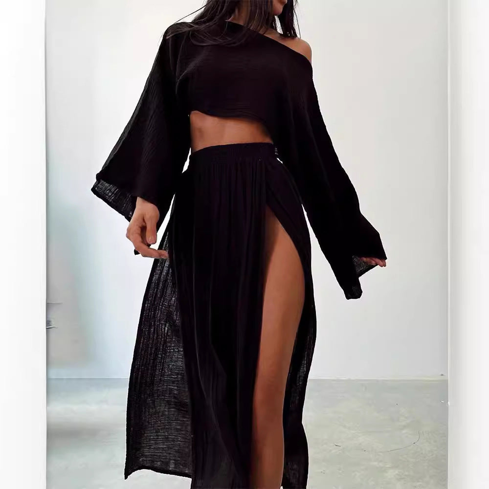 Vacation Cropped Top High Waist Chic Slit Linen Casual Two-Piece Set