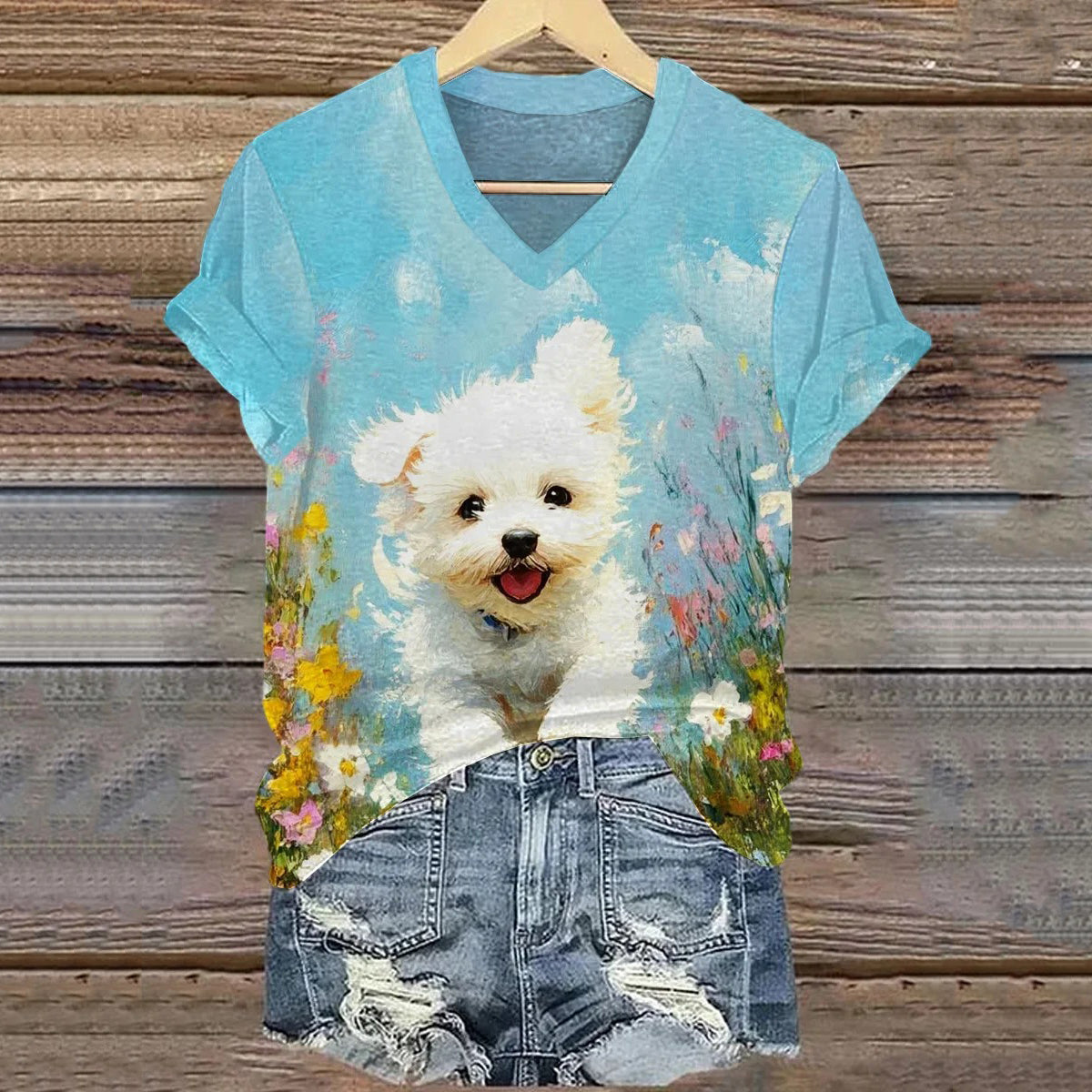 Cute Dog Art Print Casual Short Sleeve V-neck T-shirt
