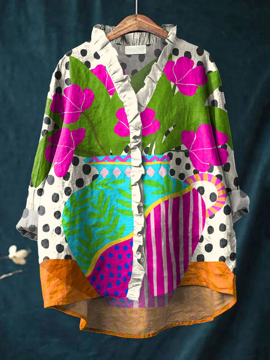 Women's Bright Abstract Polka Dot Floral Art Print Casual Cotton And Linen Ruffle Shirt