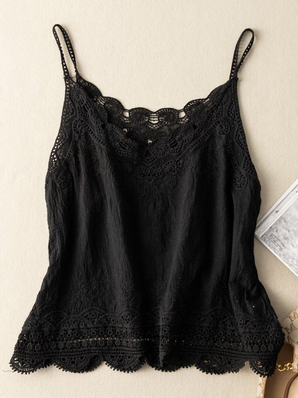 Khaki Loose Casual Vintage Lace Sleeveless Vest