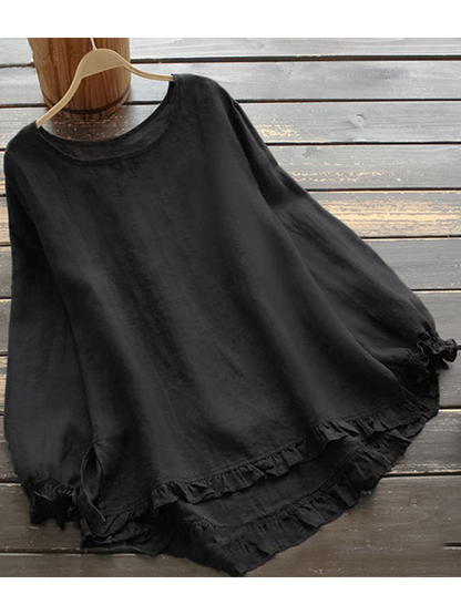 Women O Neck Solid Long Sleeve Ruffle Linen Tops