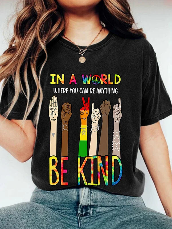 Retro Hippie In A World Where You Can Be Anything Be Kind Print T-Shirt