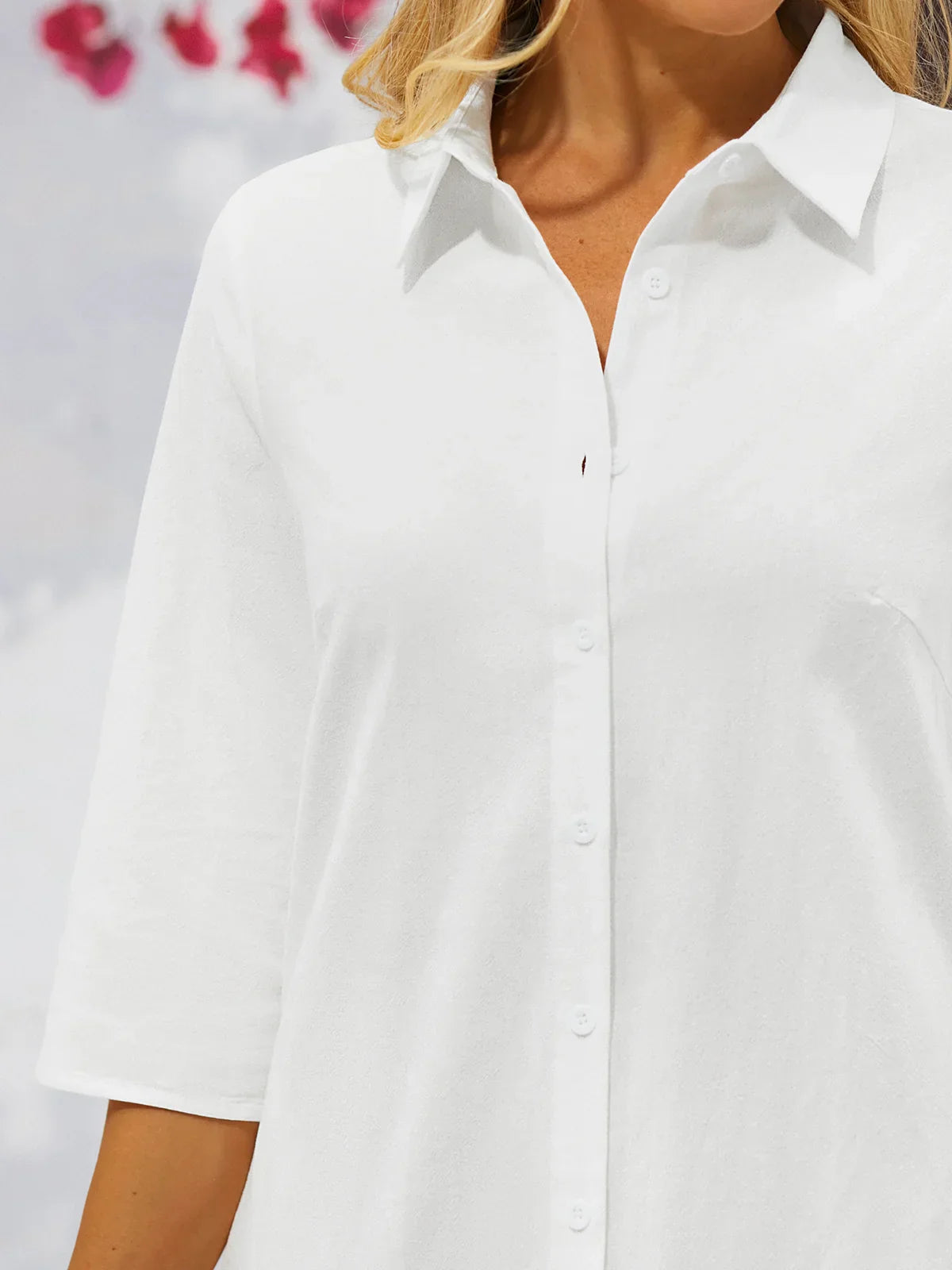 Women Casual Loose Half Sleeve Button Down Shirt Collar Plain Cotton and Linen Shirt Dress