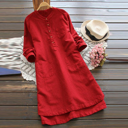 Loose stand-up collar long-sleeved solid color cotton and linen shirt dress