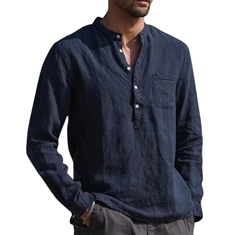Mens Cotton Linen Shirt V Neck Casual Solid Button-Up Long Sleeve Tops T Shirt