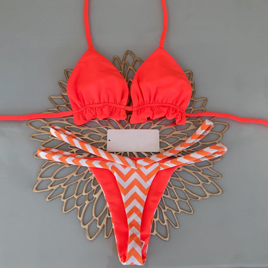 Striped color-block print wood ear sexy strappy bikini