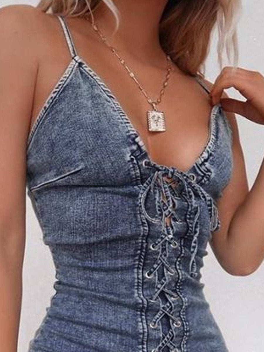 V-neck Denim Mini Dress