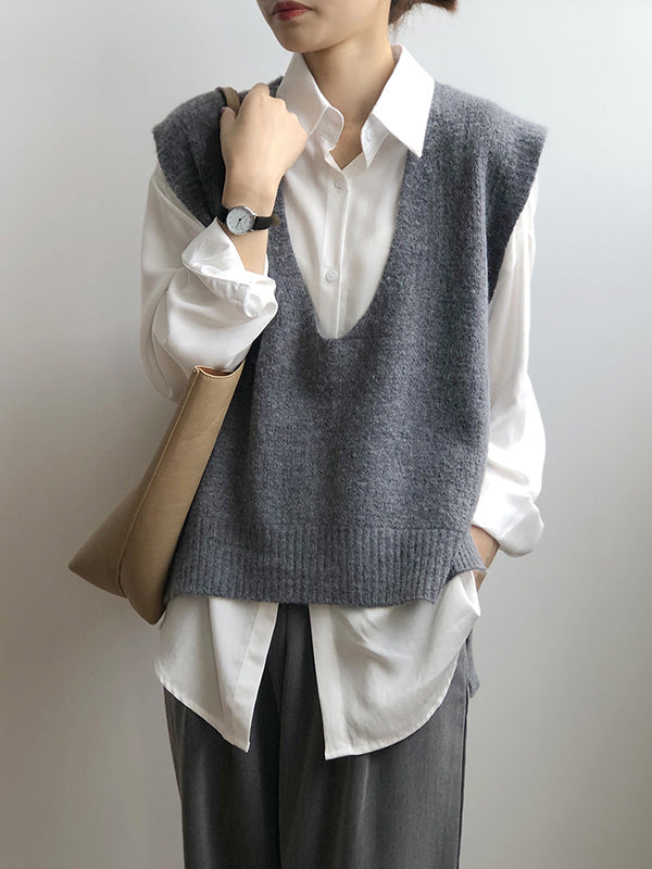 Knitting Irregularity Solid V-Neck Vest