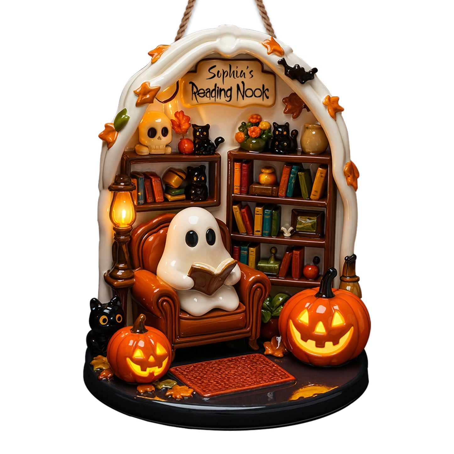 Sophia's Reading Nook With Ghost, Pumpkins, And Books - Personalized Custom Shaped Wood Sign