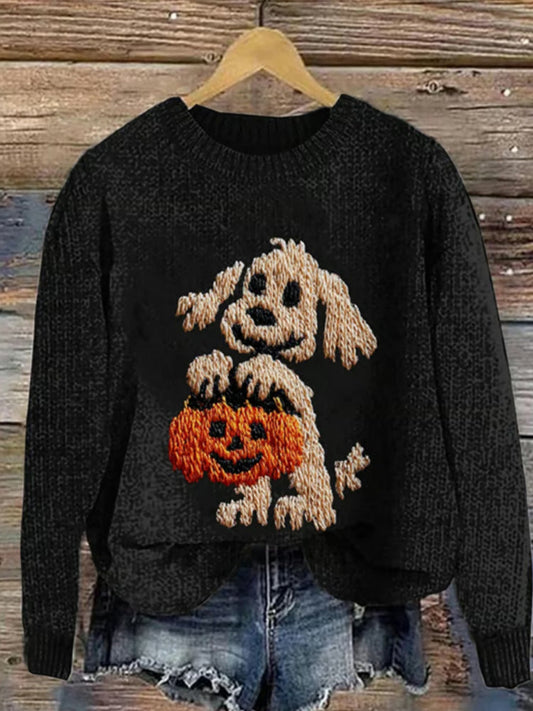 Women's Casual Pumpkin Puppy Sweater