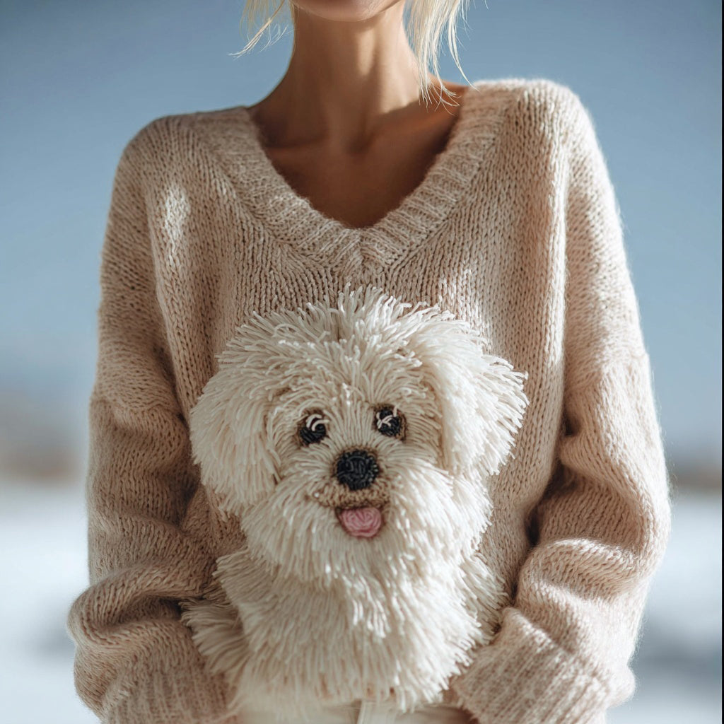 Cute Fuzzy Dog Embroidered V Neck Cozy Sweater