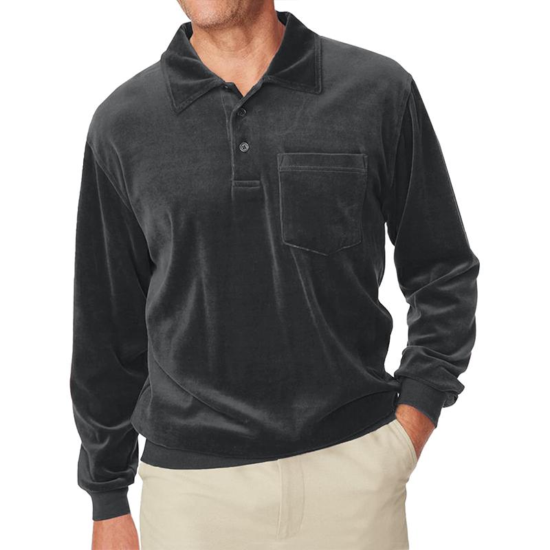 Men's Solid Velvet Lapel Breast Pocket Long Sleeve Polo Shirt
