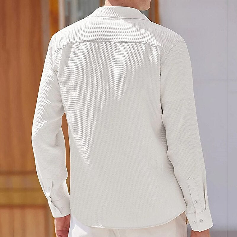 Men's Casual Lapel Long Sleeve Shirt - Solid Color