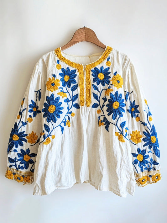 Ukrainian Ethnic Yellow And Blue Floral Embroidery Women's Linen Blouse